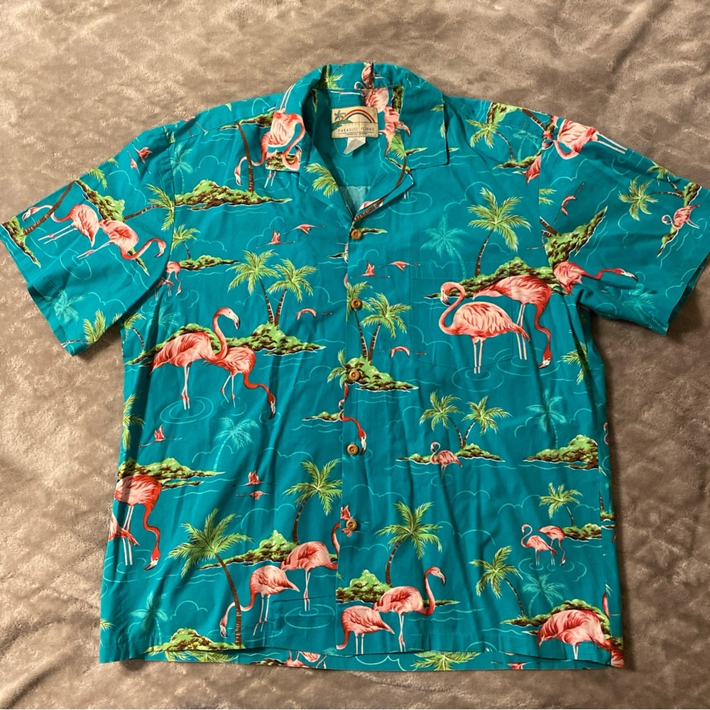 Paradise Found Teal Flamingo Print Men's Casual Hawaiian Shirt - size L